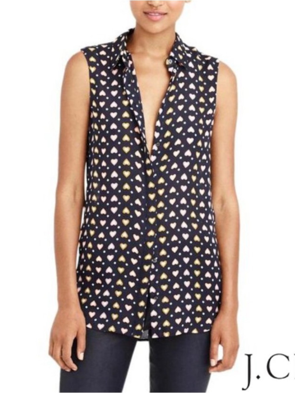 J. Crew Hearts Sleeveless Blouse Heart Navy